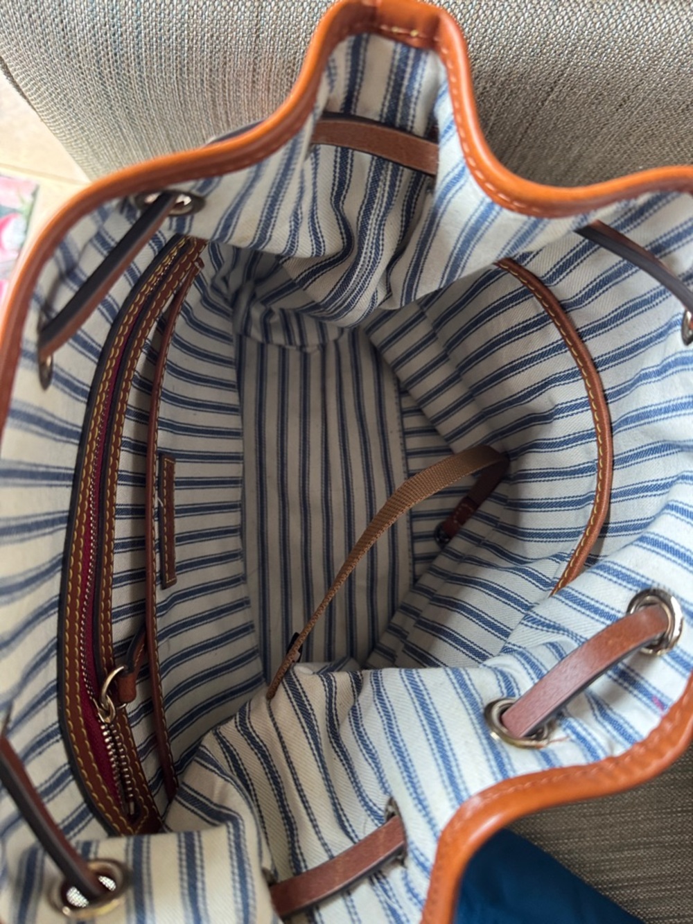 Dooney & Bourke Wayfarer Navy and Brown Drawstring Shoulder Bag - Picture 6 of 7
